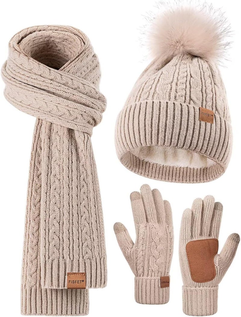 FISFET Winter Beanie Hat Scarf Gloves Set for Women, Pom Pom Beanie Fleece Lined Knit Neck Warmer Touchscreen Gloves 3 in 1 Gift Set - Image 1